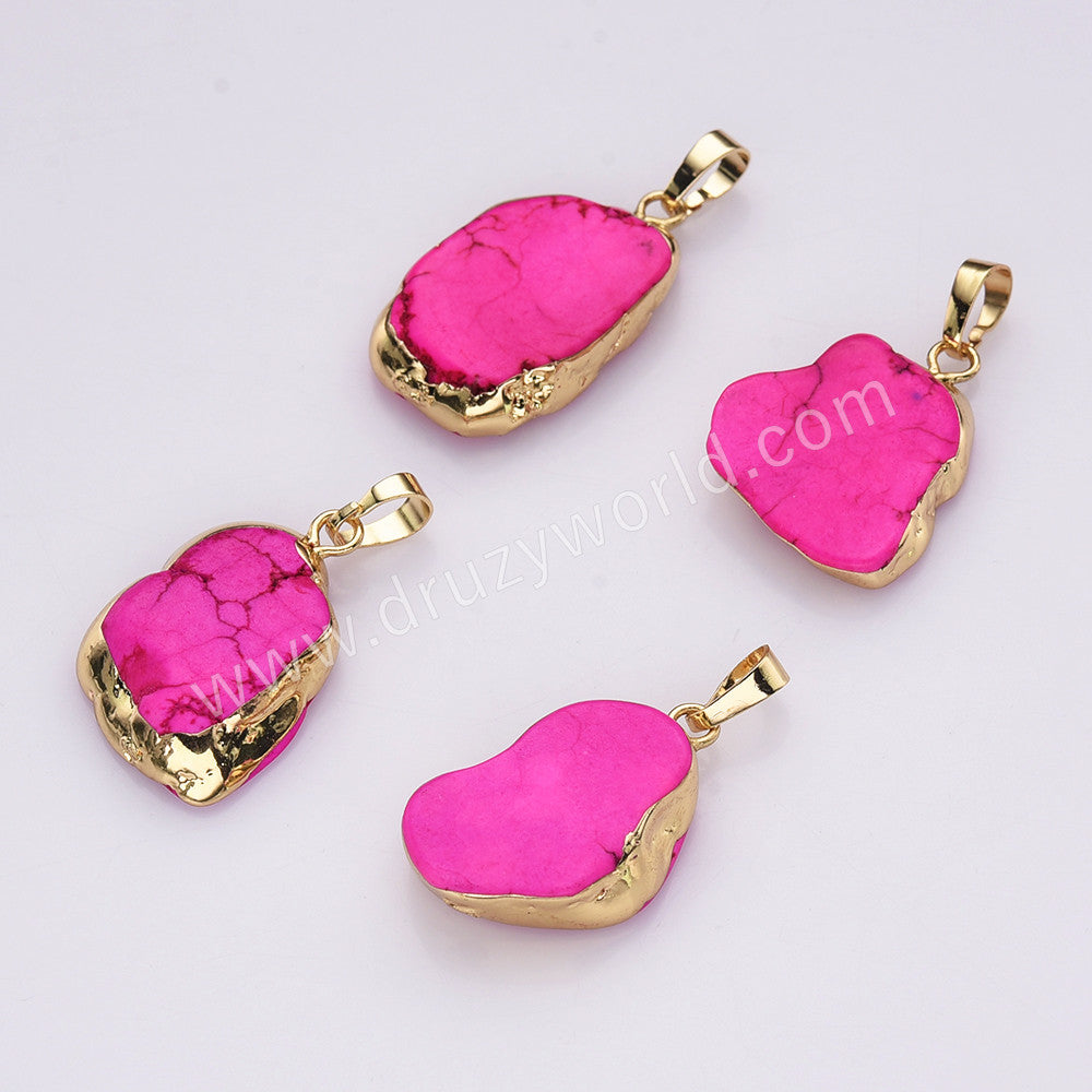 Gold Plated Freeform Pink Howlite Turquoise Pendant Bead, For Jewelry Making AL759
