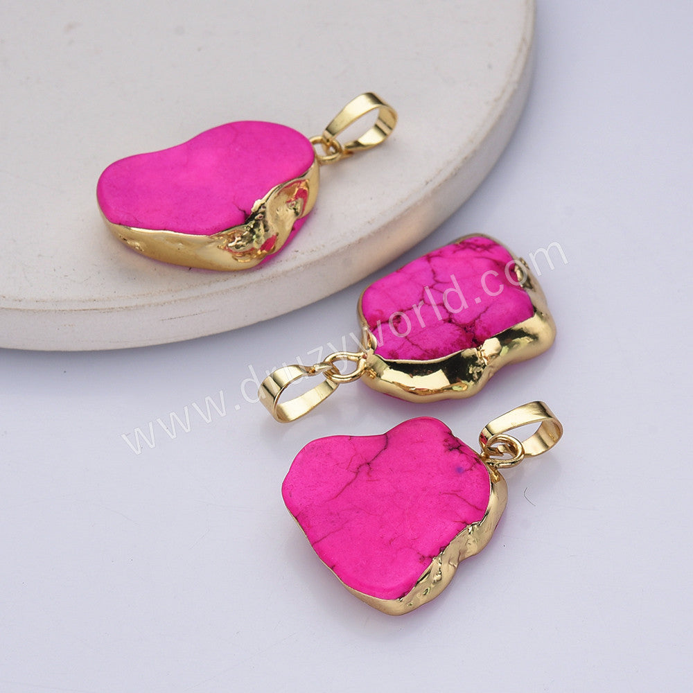 Gold Plated Freeform Pink Howlite Turquoise Pendant Bead, For Jewelry Making AL759