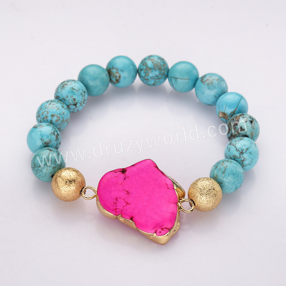 Gold Plated Pink Howlite & 10mm Blue Holwite Turquoise Beads Stretch Bracelet, Handmade Boho Jewelry AL761