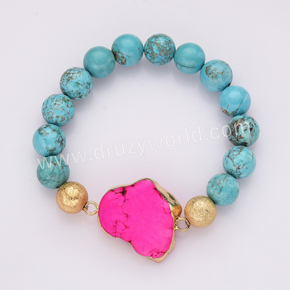 Gold Plated Pink Howlite & 10mm Blue Holwite Turquoise Beads Stretch Bracelet, Handmade Boho Jewelry AL761