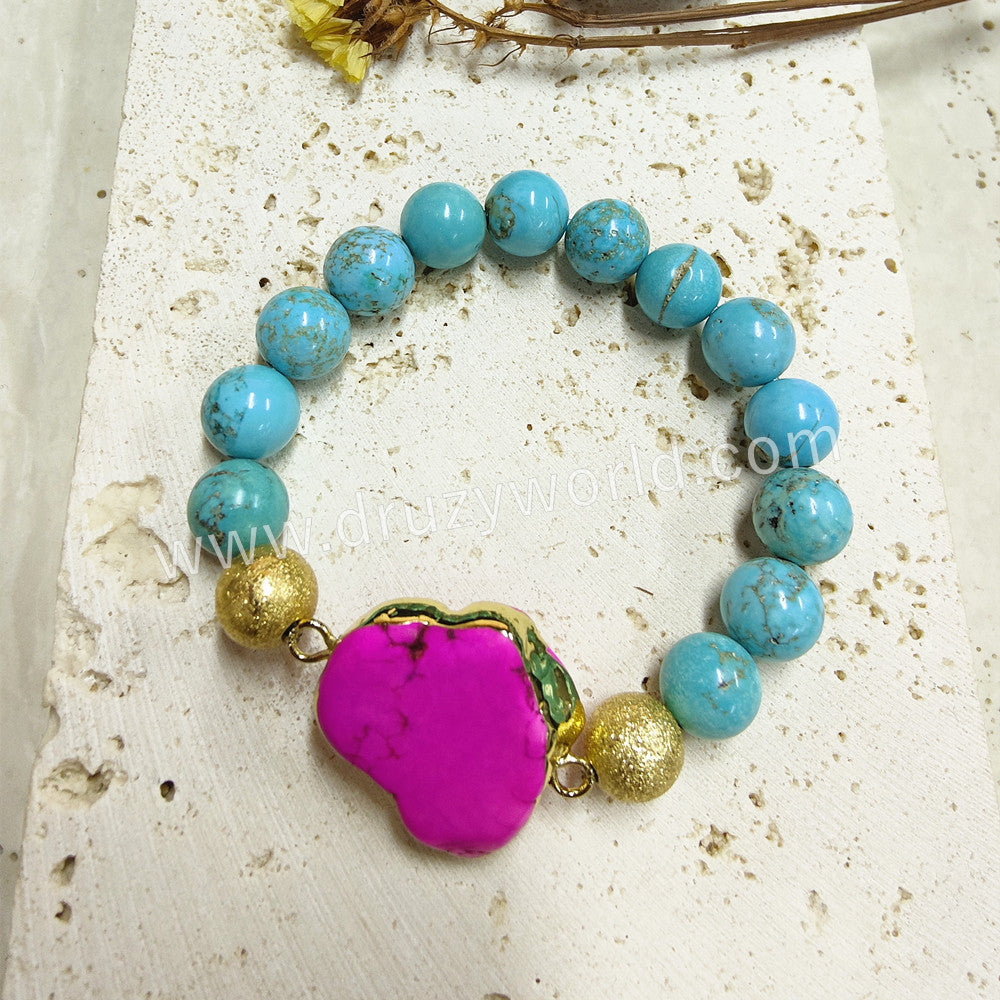 Gold Plated Pink Howlite & 10mm Blue Holwite Turquoise Beads Stretch Bracelet, Handmade Boho Jewelry AL761