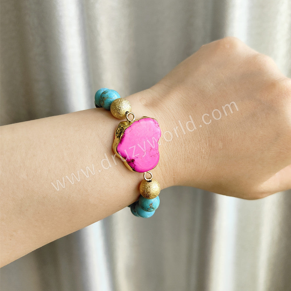 Gold Plated Pink Howlite & 10mm Blue Holwite Turquoise Beads Stretch Bracelet, Handmade Boho Jewelry AL761