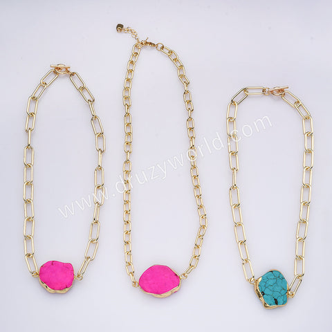 14" Gold Plated Pink Howlite & Bue Howlite Turquoise Choker Necklace, Boho Jewelry AL762