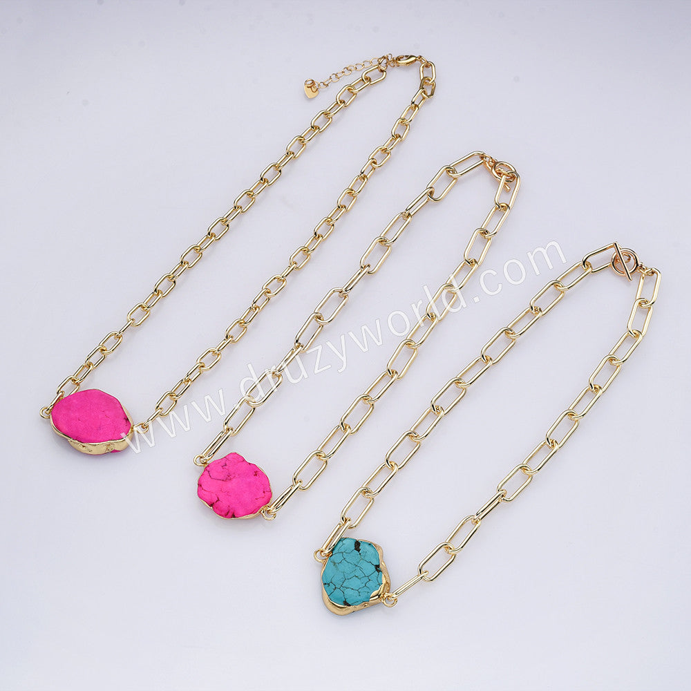 14" Gold Plated Pink Howlite & Bue Howlite Turquoise Choker Necklace, Boho Jewelry AL762