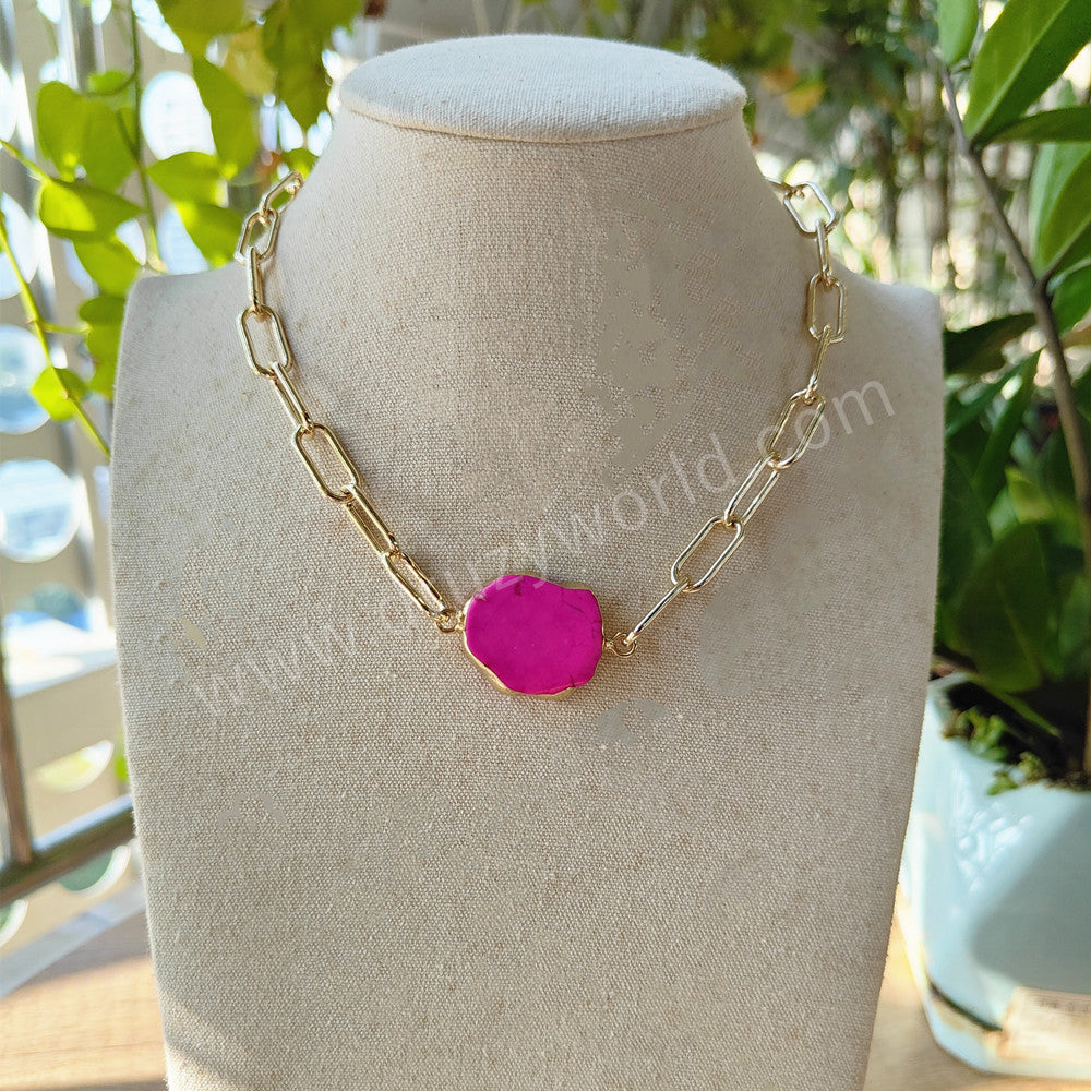 14" Gold Plated Pink Howlite & Bue Howlite Turquoise Choker Necklace, Boho Jewelry AL762