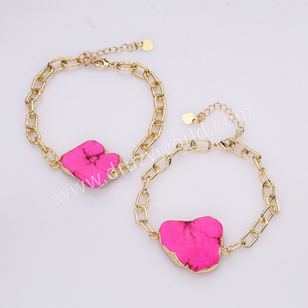 Gold Plated Pink Howlite Bracelet, Boho Jewelry AL762