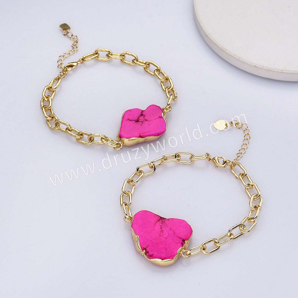 Gold Plated Pink Howlite Bracelet, Boho Jewelry AL762