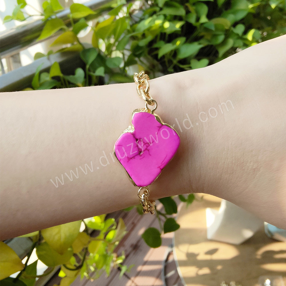 Gold Plated Pink Howlite Bracelet, Boho Jewelry AL762