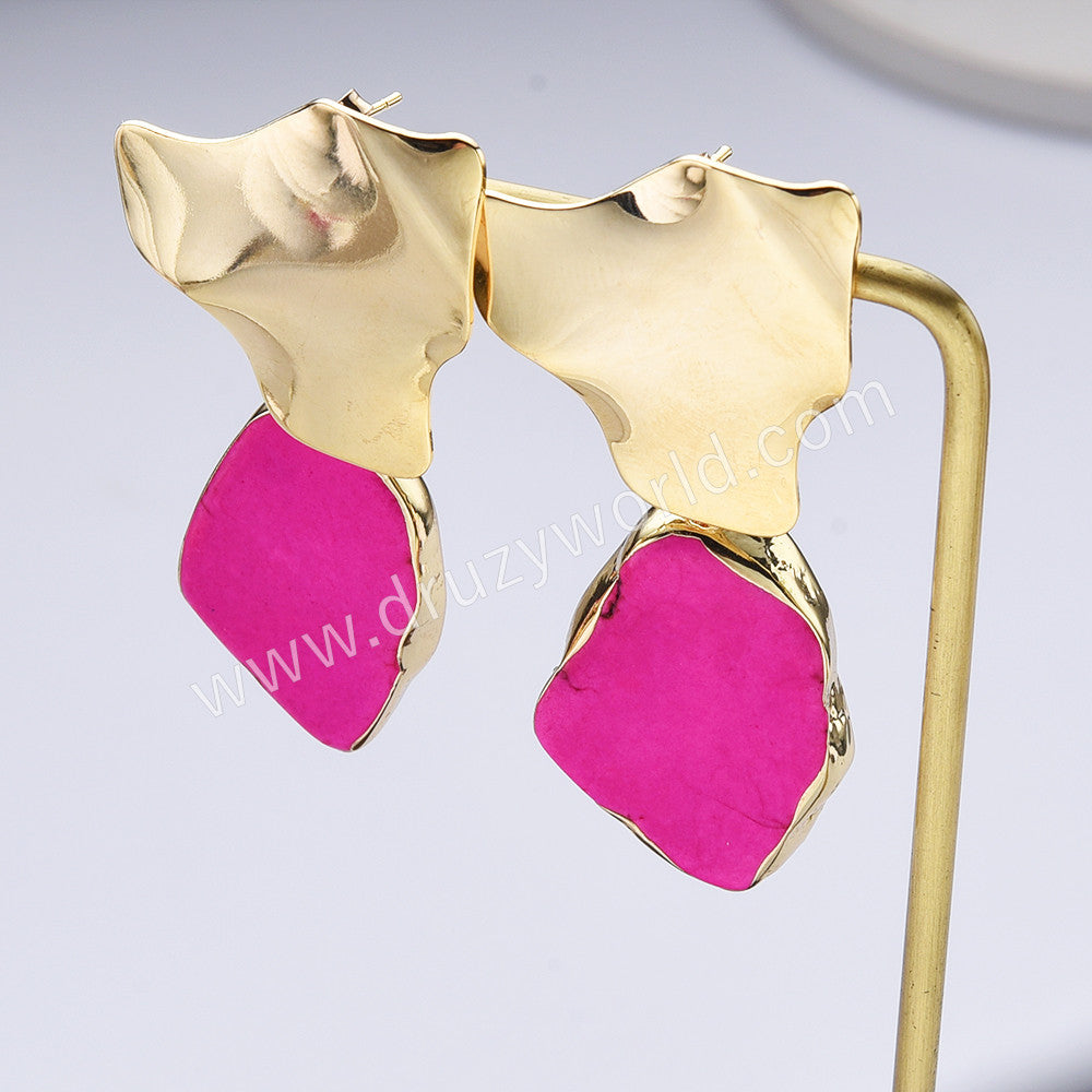 Unique Gold Plated Pink Howlite Turquoise Dangle Earrings, Boho Jewelry AL764