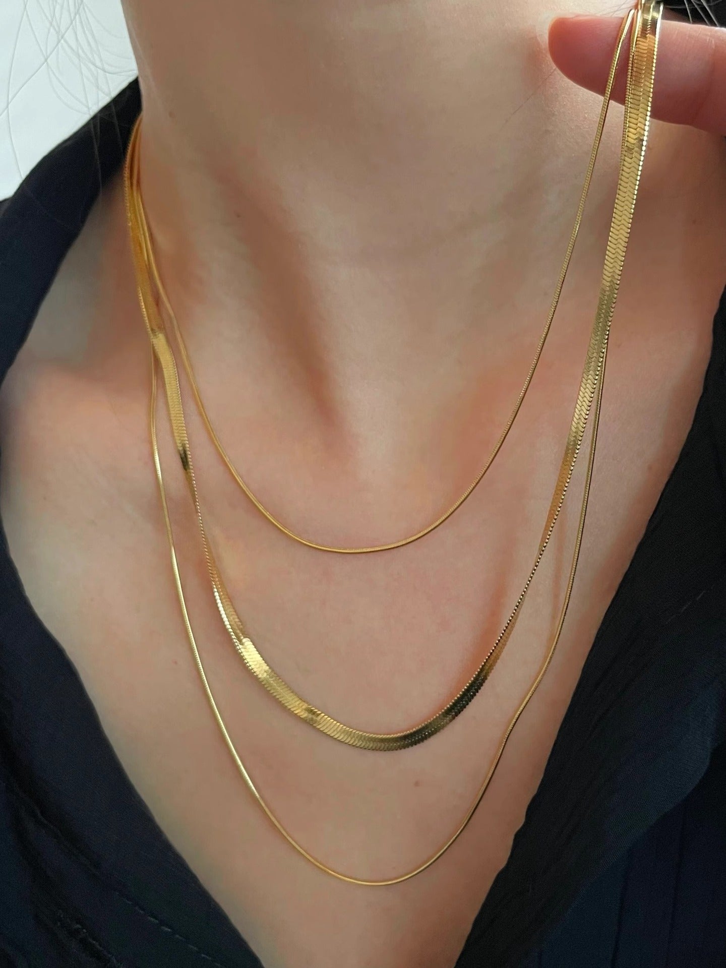 18k Gold Three Layer Snake Necklace Titanium Stainless Steel Herringbone Necklace Jewelry AL767