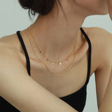 Gold Sequin Diamond Double Layer Glitter Chain Necklace Titanium Stainless Steel AL768