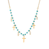 Gold Cross Freshwater Pearl Blue Stone Beads Necklace, Titanium Stainless Steel Jewelry AL769