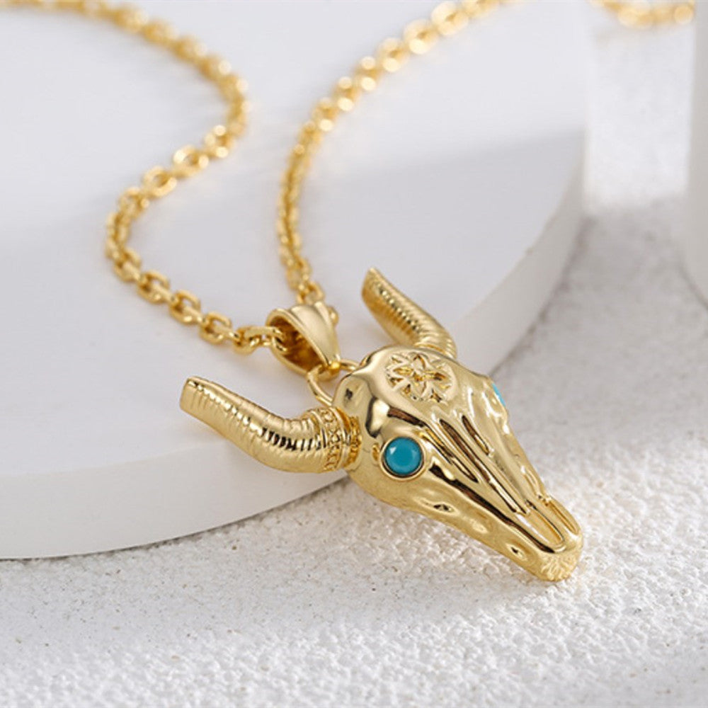 18" Western Gold Plated Brass Bull Head Necklace, Longhorn Necklace, Boho Jewelry  AL773