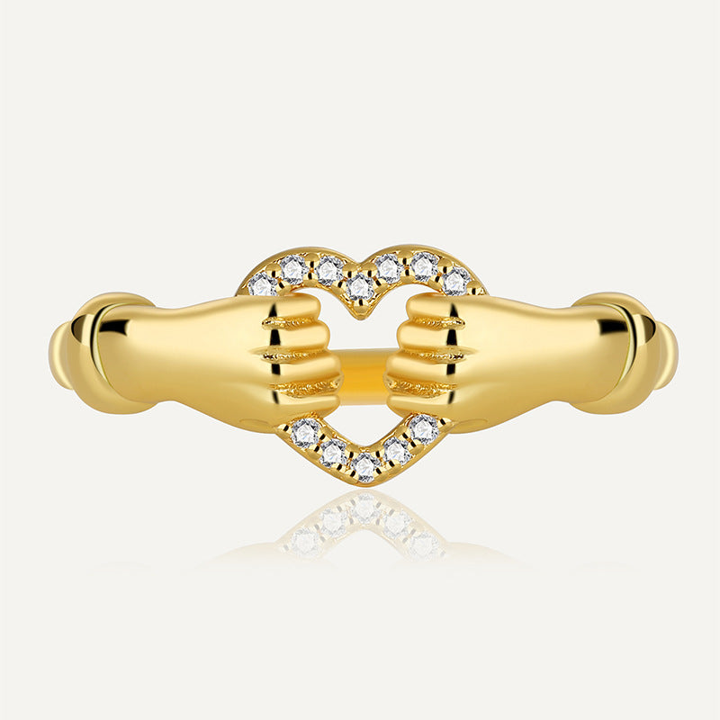 Dainty Gold Holding Hand With Heart Zirconia Ring Fashion Jewelry AL775