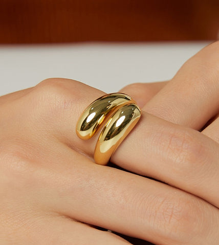 Smooth Gold Plated Brass Double Drop Ring Adjustable Fashion Jewelry AL777