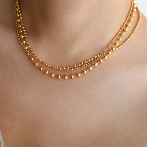 Heavy Polish Gold Ball Beads Layer Neacklace Titanium Stainless Steel Jewelry AL778