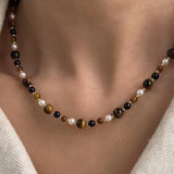 Bohemian Natural Tiger's Eye & Pearl Beads Necklace, Handmade Gemstone Jewelry AL781