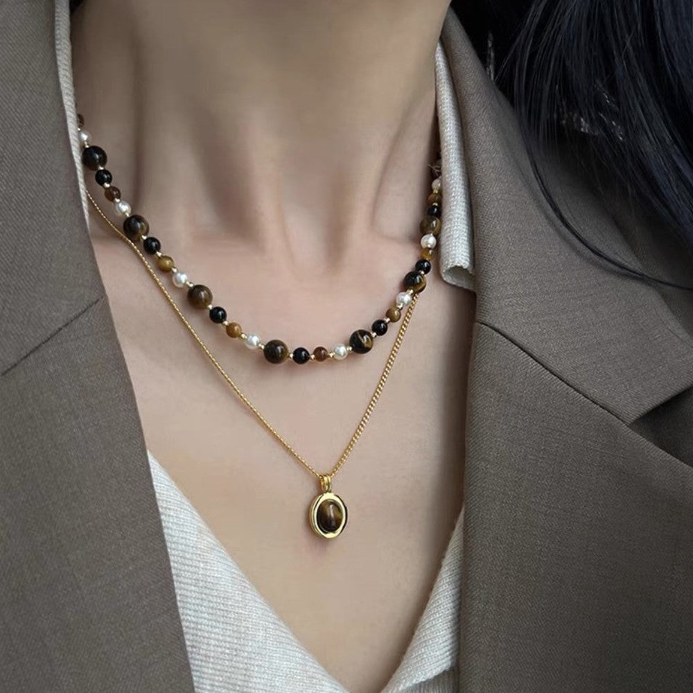 Bohemian Natural Tiger's Eye Pearl Beaded Necklace, Handmade Gemstone Jewelry AL781