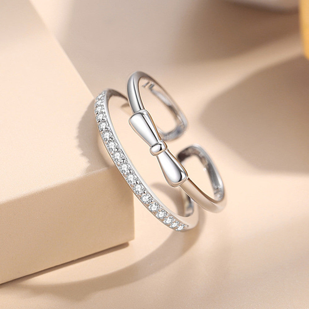 925 Sterling Silver Zircon Bowknot Ring, Adjustable Butterfly Open Ring Jewelry AL783