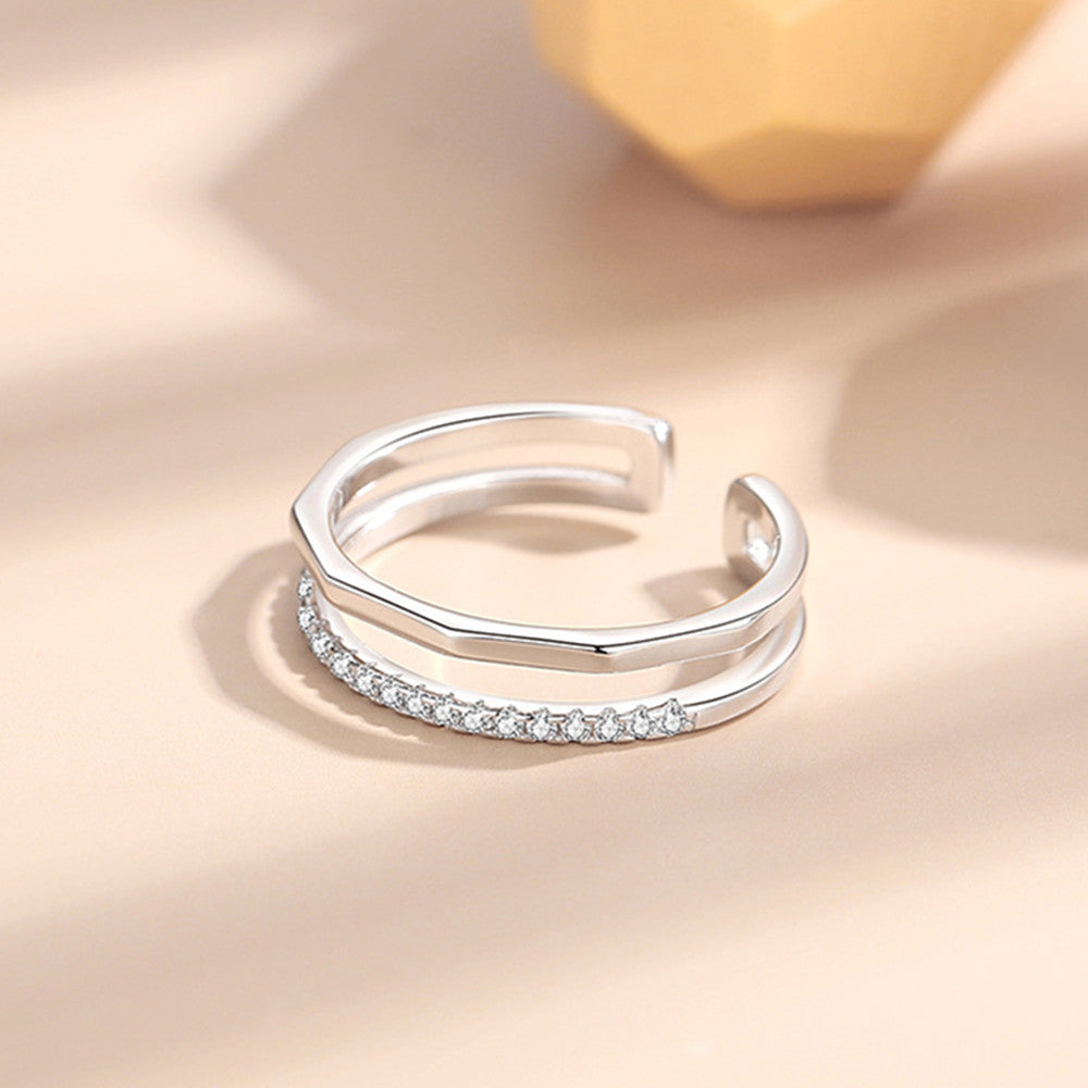 925 Sterling Geometric Ddouble Layer Zircon Ring Fashion Jewelry Adjustable AL784