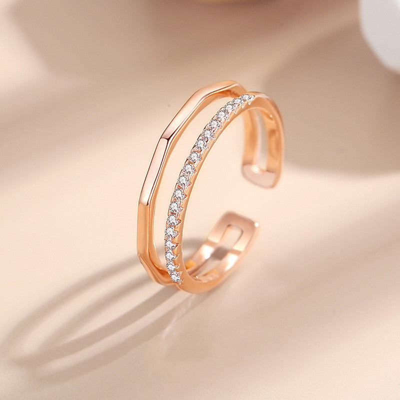 925 Sterling Geometric Ddouble Layer Zircon Ring Fashion Jewelry Adjustable AL784