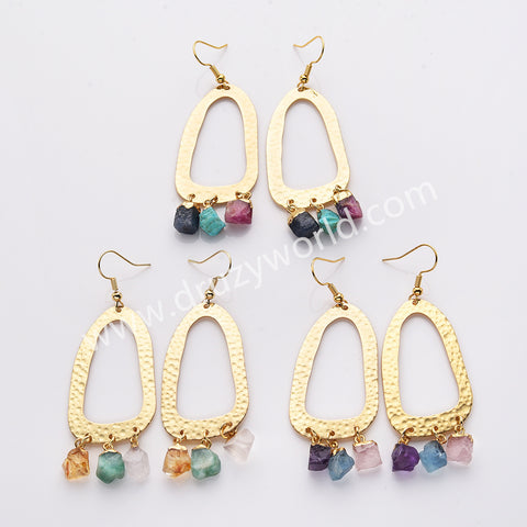 Unique Gold Plated Big Hoop Raw Crystal Stones Dangle Earrings, Birthstone Boho Jewelry AL785