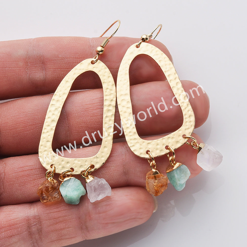 Unique Gold Plated Big Hoop Raw Crystal Stones Dangle Earrings, Birthstone Boho Jewelry AL785