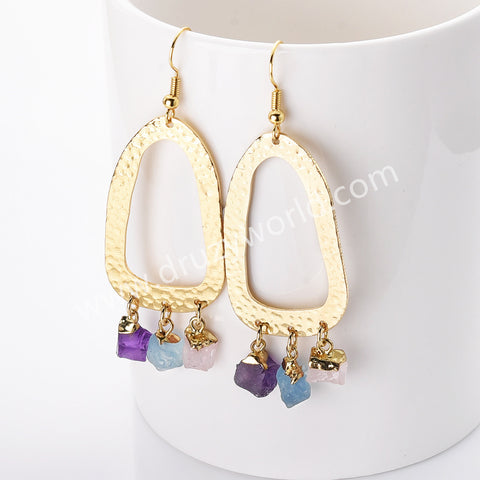 Unique Gold Plated Big Hoop Raw Crystal Stones Dangle Earrings, Birthstone Boho Jewelry AL785