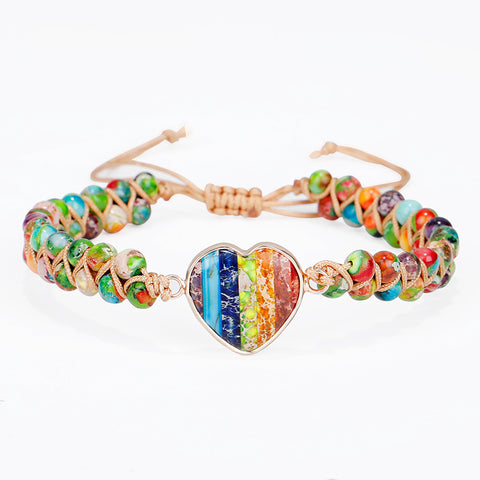 Rainbow Heart Imperial Stone Beaded Bracelet, Wire Wrap Double Layers, Handmade Boho Jewelry AL788