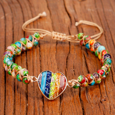 Rainbow Heart Imperial Stone Beaded Bracelet, Wire Wrap Double Layers, Handmade Boho Jewelry AL788