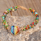 Rainbow Heart Imperial Stone Beaded Bracelet, Wire Wrap Double Layers, Handmade Boho Jewelry AL788