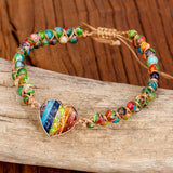 Rainbow Heart Imperial Stone Beaded Bracelet, Wire Wrap Double Layers, Handmade Boho Jewelry AL788