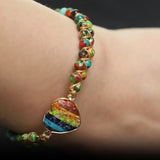 Rainbow Heart Imperial Stone Beaded Bracelet, Wire Wrap Double Layers, Handmade Boho Jewelry AL788