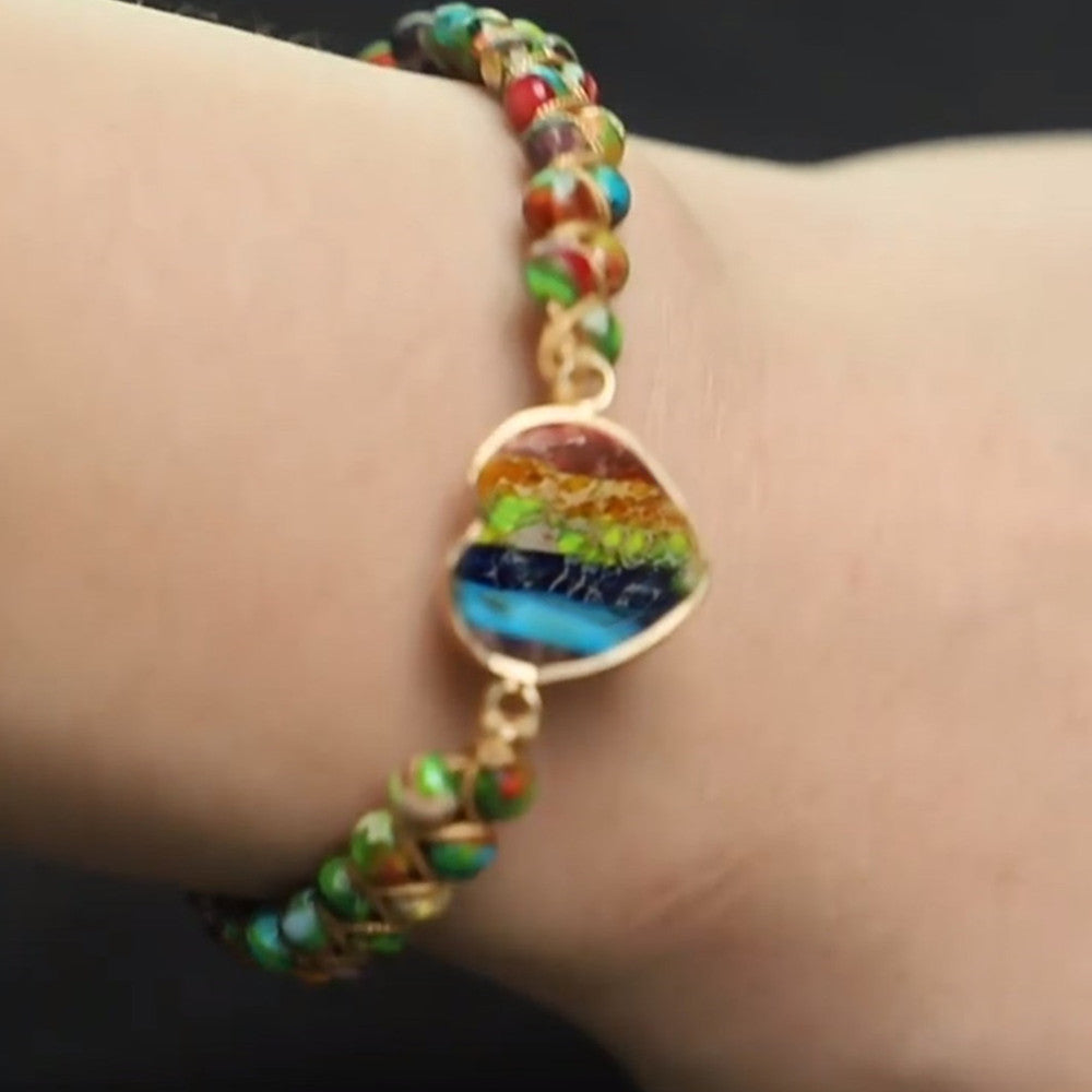 Rainbow Heart Imperial Stone Beaded Bracelet, Wire Wrap Double Layers, Handmade Boho Jewelry AL788