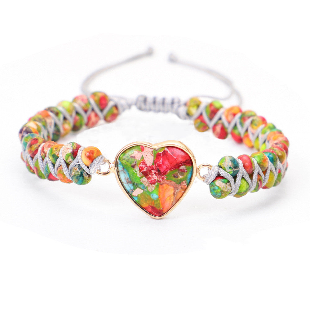 Rainbow Imperial Stone Heart Beaded Bracelet, Wire Wrap Double Layers, Handmade Boho Jewelry AL789