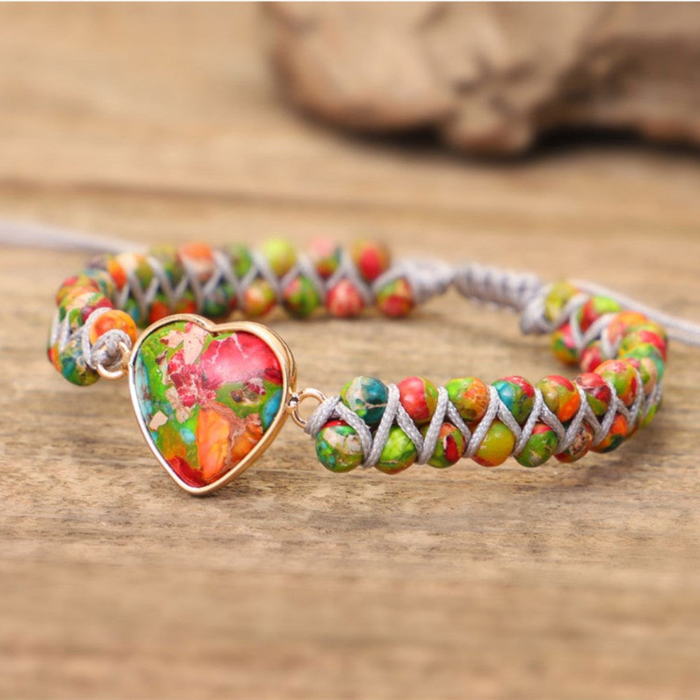 Rainbow Imperial Stone Heart Beaded Bracelet, Wire Wrap Double Layers, Handmade Boho Jewelry AL789