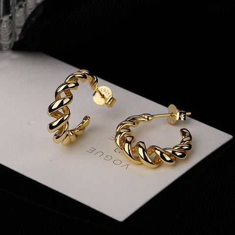 S925 Sterling Silver Circle Smooth Gold Twisted Spiral Post Earrings, Fashion Jewelry AL795