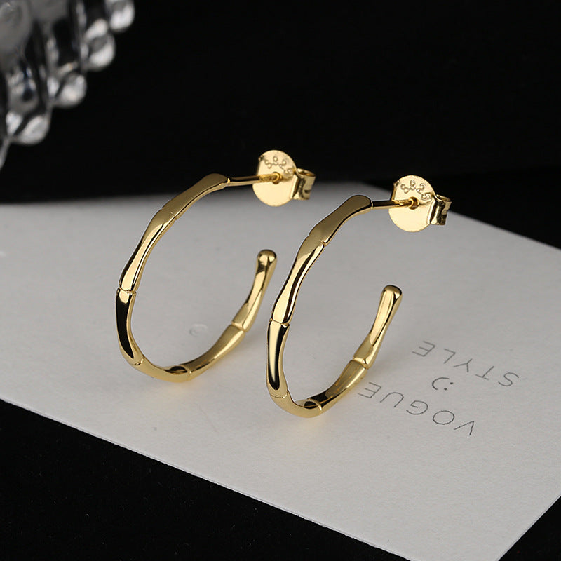 S925 Sterling Silver Skinny Bamboo Smooth Gold Hoop Earrings, Fashion Jewelry AL796