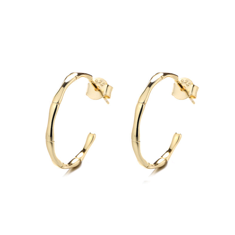 S925 Sterling Silver Skinny Bamboo Smooth Gold Hoop Earrings, Fashion Jewelry AL796
