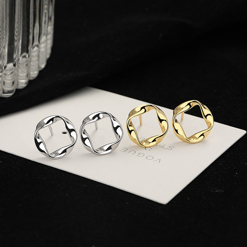 S925 Sterling Silver Smooth Gold Twisted Square Mobius Post Earrings, Fashion Jewelry AL797