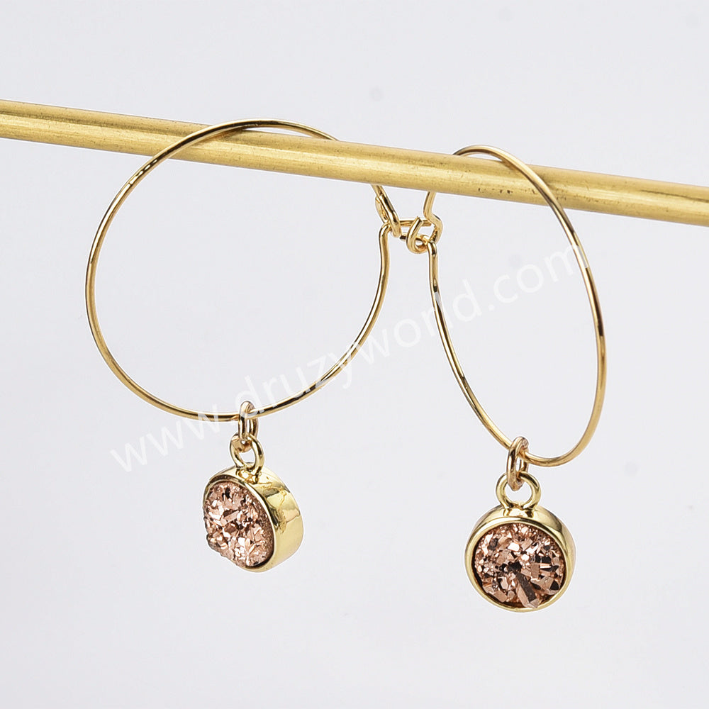 Gold Plated Bezel Titanium Druzy Geode Hoop Earrings, Boho Jewelry AL798