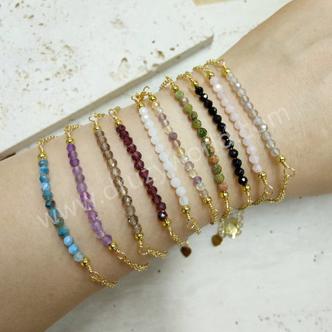 Skinny Gold Plated Rainbow Gemstone Faceted Beaded Bracelet, Handmade Boho Jewelry AL801