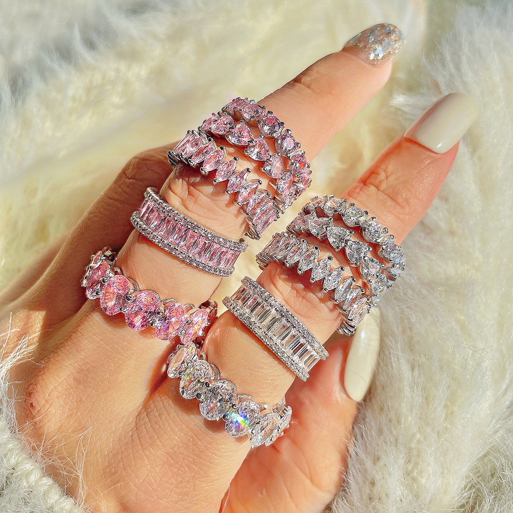 925 Sterling Silver Full White & Pink Zircon Heart Rings AL805, Cubic Zircon Stones ring