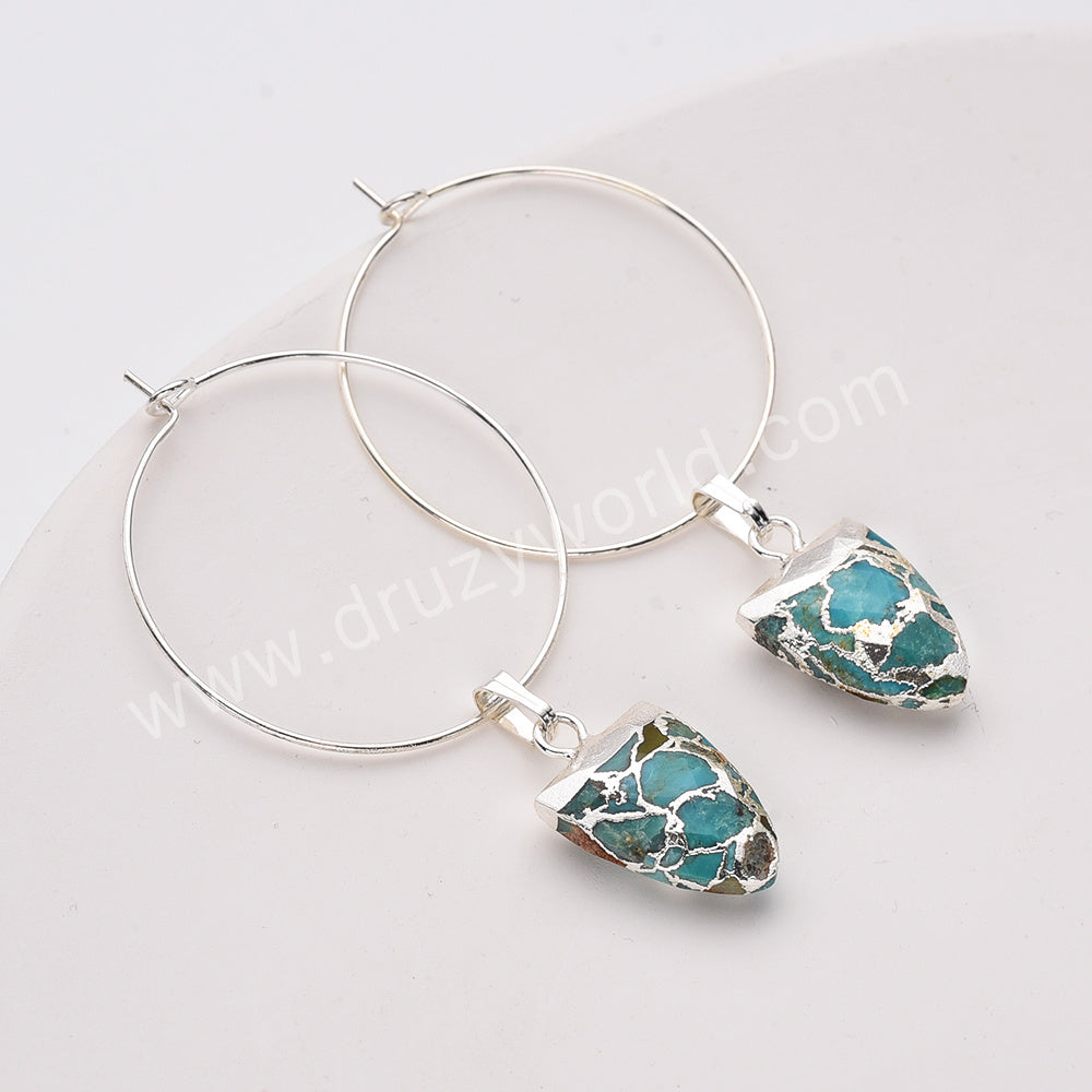 Boho Silver Plated Shield Copper Turquoise Hoop Earrings, Natural Turquoise Gemstone Dangle Earring Jewelry AL806