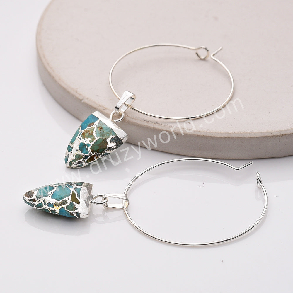 Boho Silver Plated Shield Copper Turquoise Hoop Earrings, Natural Turquoise Gemstone Dangle Earring Jewelry AL806