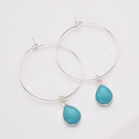 Teardrop Pure Turquoise Gemstone Hoop Dangle Earrings Silver Plated Jewelry AL808