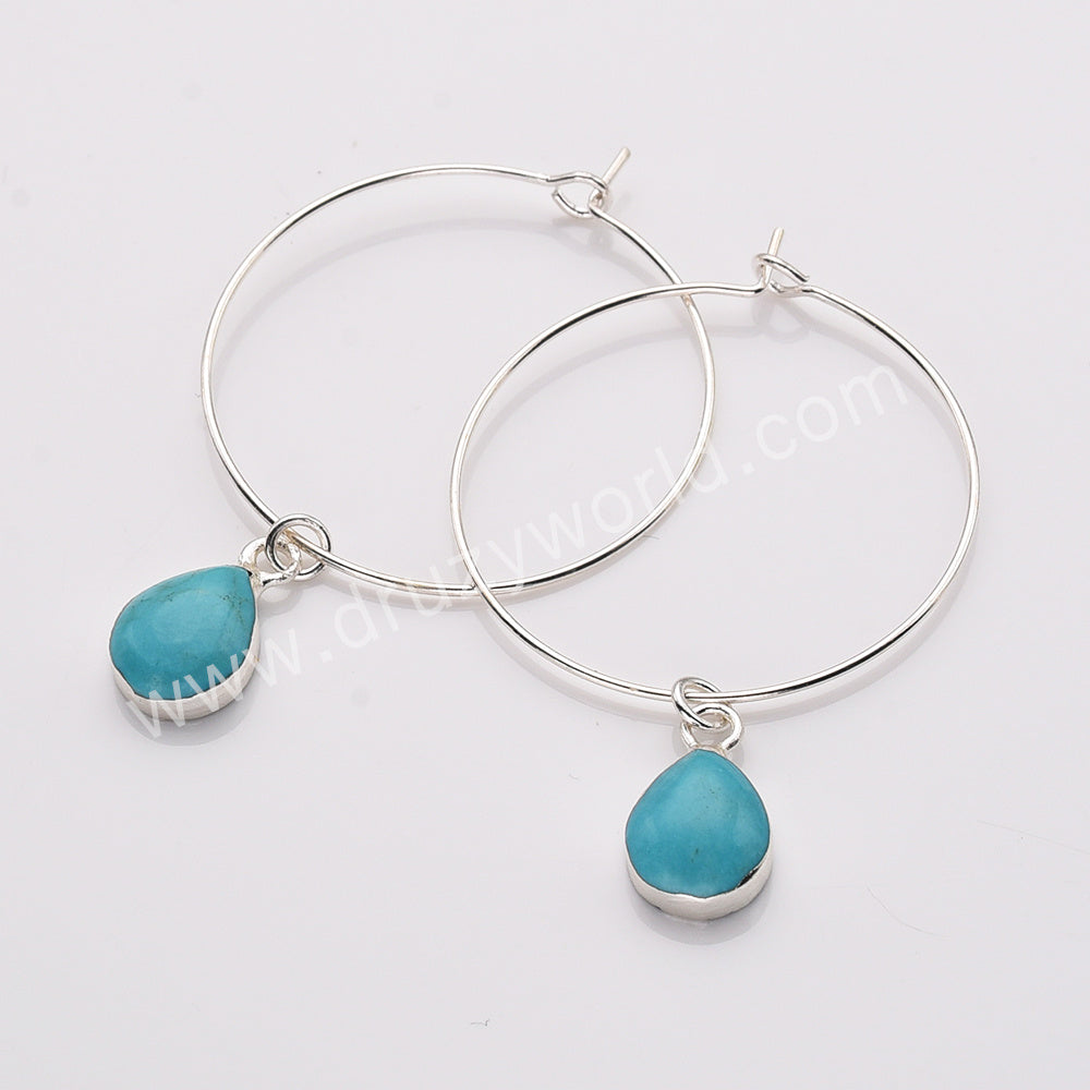 Teardrop Pure Turquoise Gemstone Hoop Dangle Earrings Silver Plated Jewelry AL808