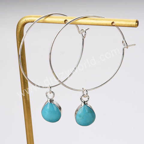 Teardrop Pure Turquoise Gemstone Hoop Dangle Earrings Silver Plated Jewelry AL808