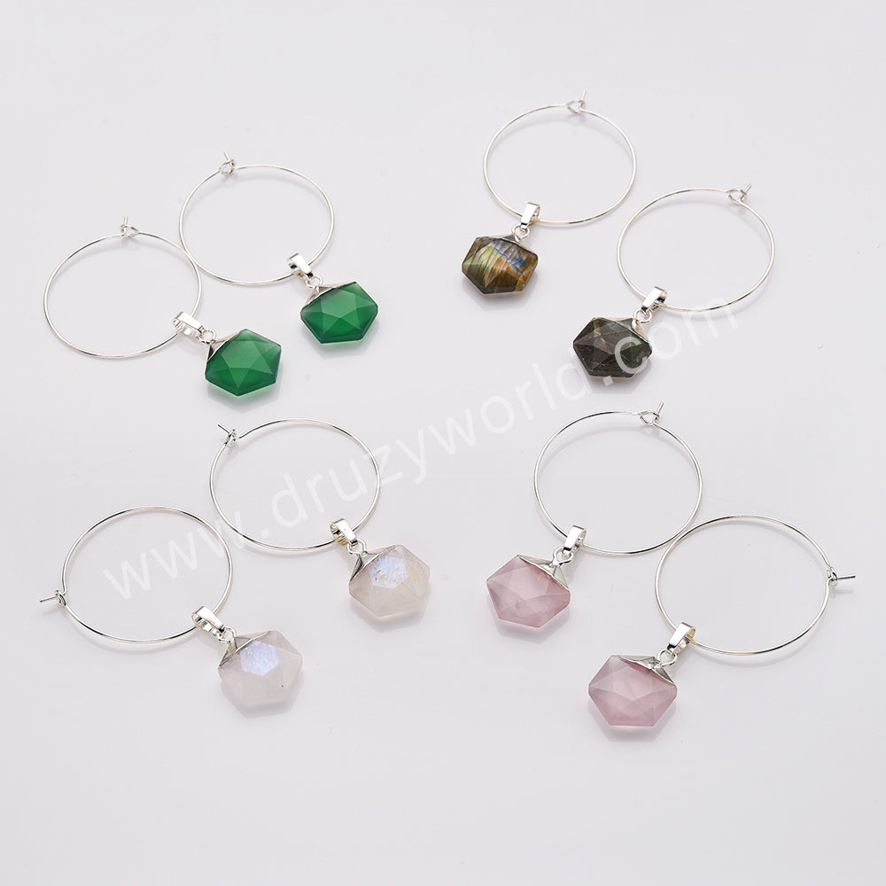 Hexagon Moonstone Gemstone Faceted Hoop Dangle Earrings Silver Plated Jewelry AL809