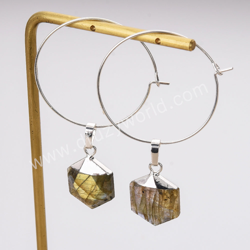 Hexagon Moonstone Gemstone Faceted Hoop Dangle Earrings Silver Plated Jewelry AL809